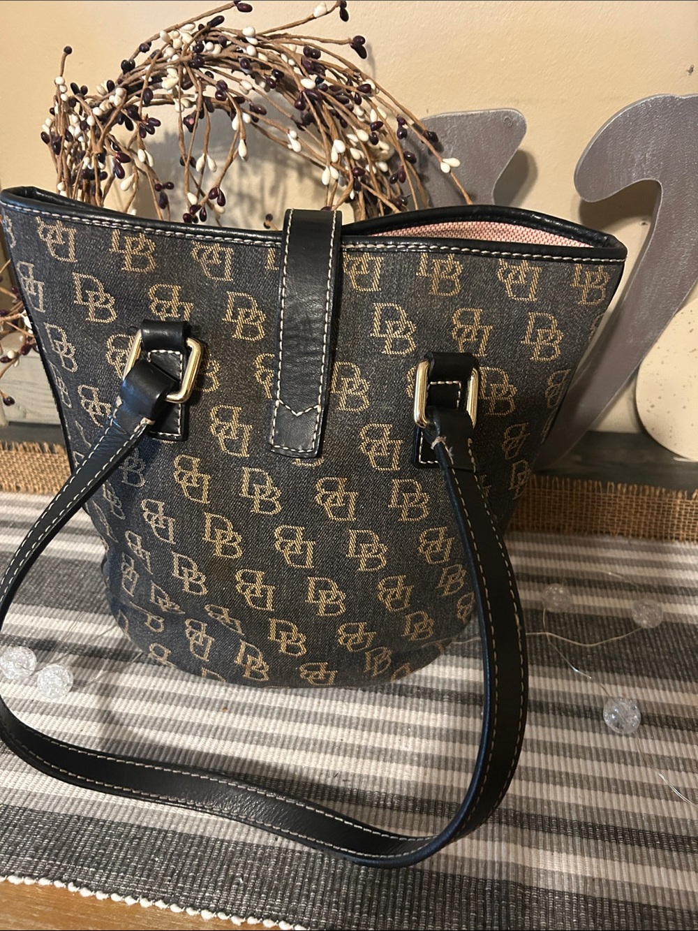 Dooney & Bourke Brown & Black Signature Logo Tote with Gold Plaque - Picture 3 of 7
